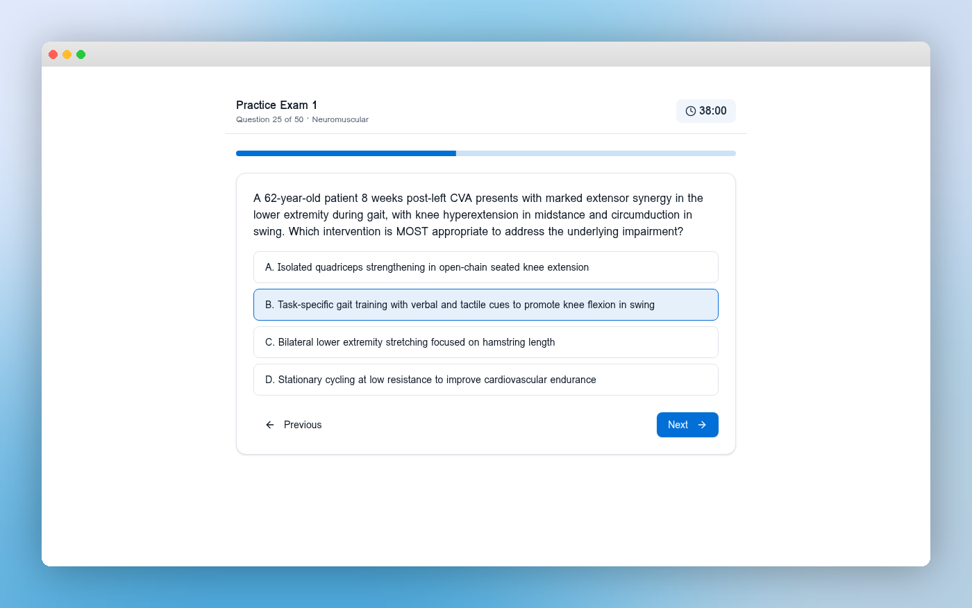 GCSprep practice exam interface showing question 25 of 50 with 38 minutes remaining